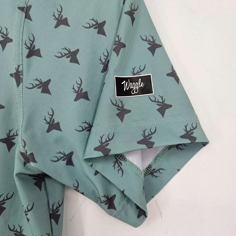 Waggle Polo Shirt Mens Extra Large Deer AOP Golf Performance Short Sleeve Green - Picture 3 of 12